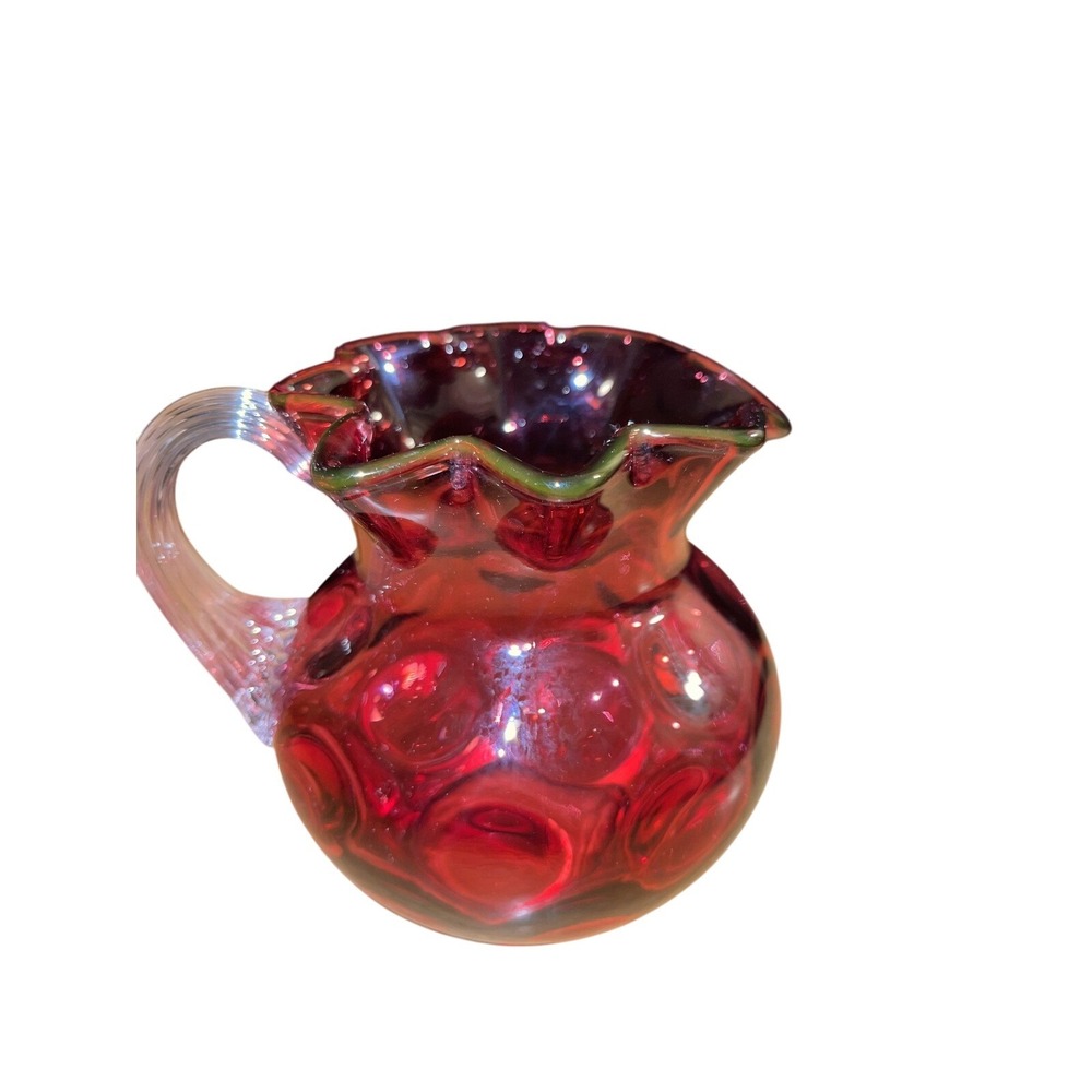 Vintage Cranberry Red Glass Pitcher Ruffled Rim Hobnail Design Small Accent Vase